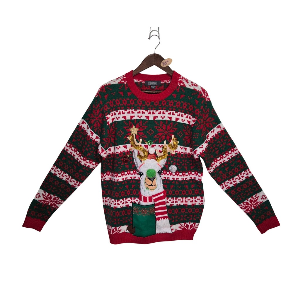 33 Degrees Mens Llama Ugly Christmas Sweater Red Green Fair Isle Size M